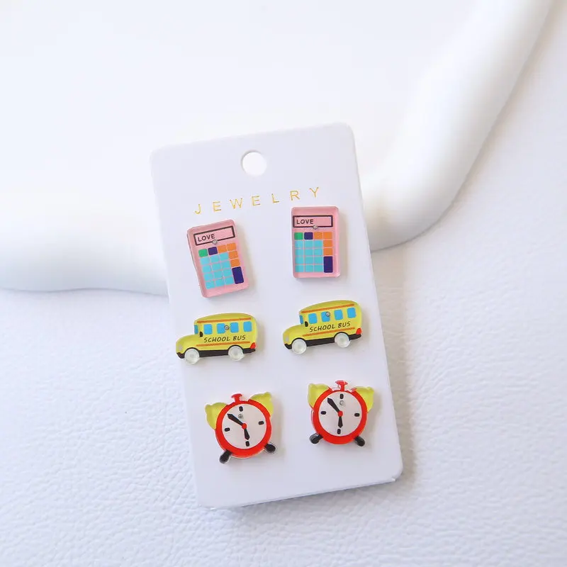 School Season Cute Cartoon Stud Earrings For Women Mini Calculator Alarm Clock Schoolbag Pencil Student Earrings Gift