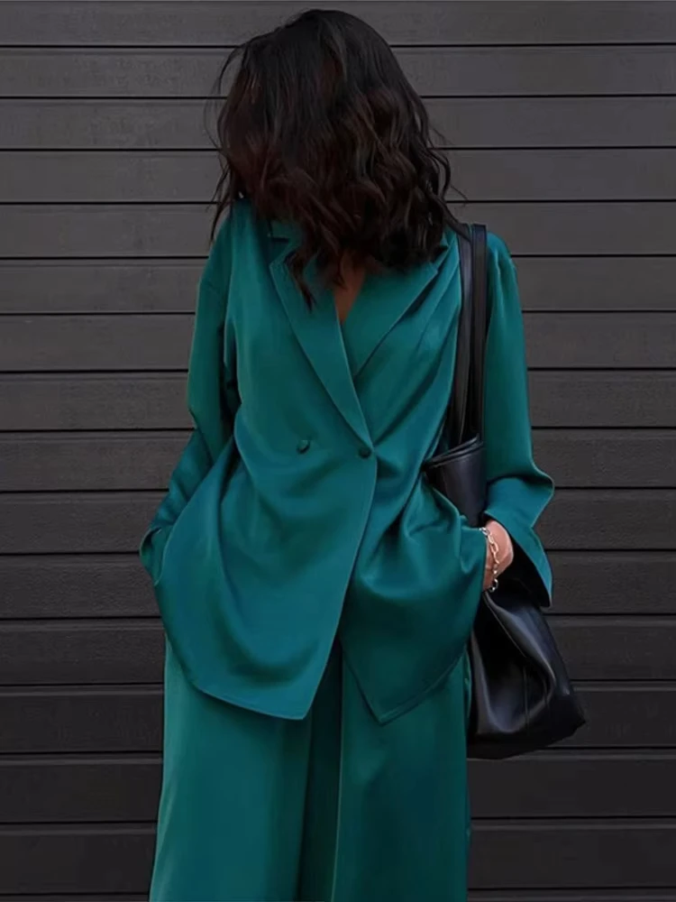 أزياء طويلة الأكمام السترة قطعتين مجموعات النساء الخريف Outifits عارضة فضفاض مكتب السراويل مجموعة أنيقة الأخضر الساتان بنطلون الدعاوى