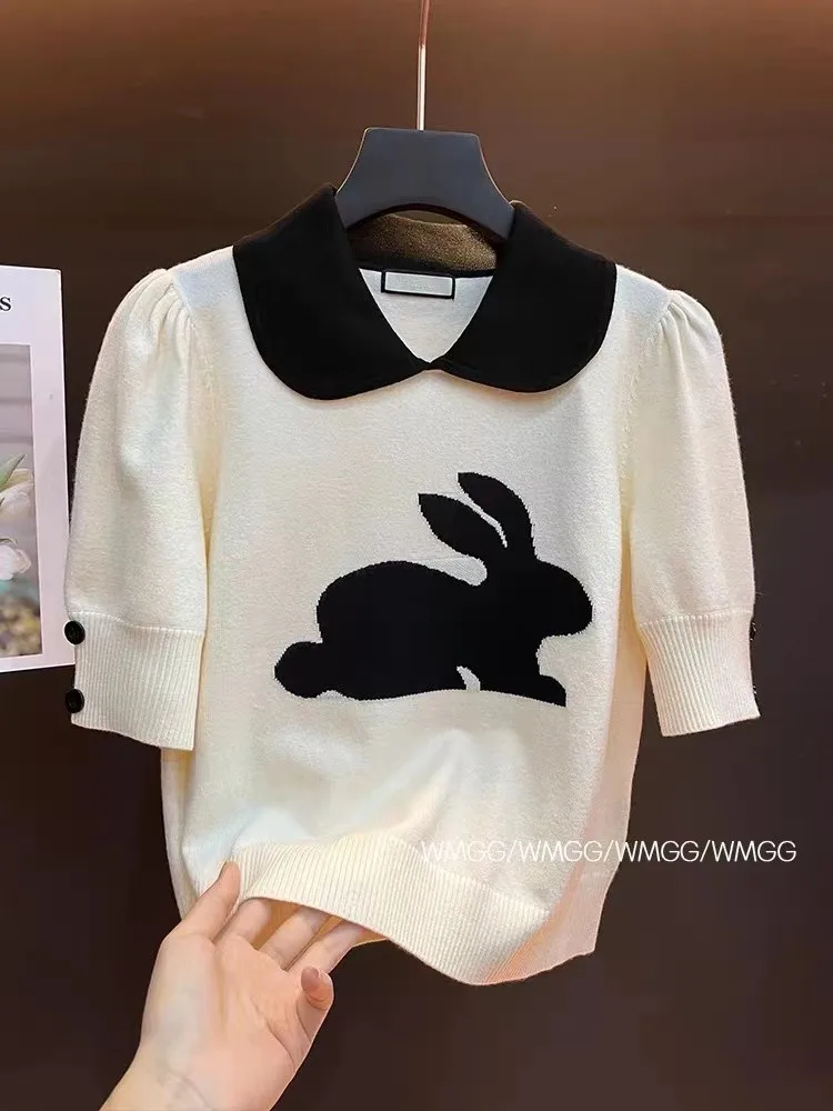 Suéter de punto de Jacquard con conejo para mujer, camiseta de manga abombada con cuello Peter Pan, prendas de punto coreanas, suéteres dulces para