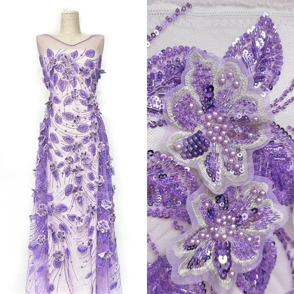 

3D Flowers French Lace Fabric With Handmade Beads 2025 High Quality Sequins Beaded African Tulle Net Lace Fabric Nigerian Dress