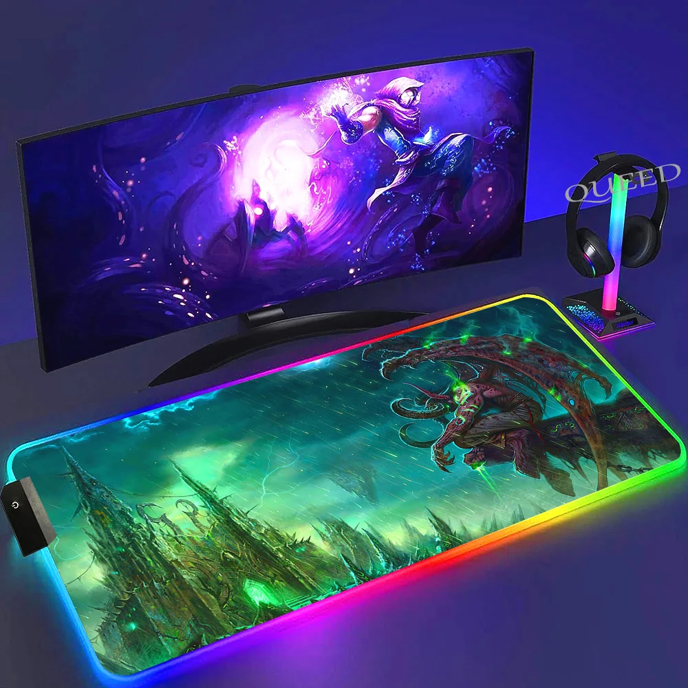 World Of Warcraft Illidan RGB Tappetino per mouse da gioco XXL Computer Gamer Tappetino per mouse a LED grande Decorazione desktop WOW Tappetino da