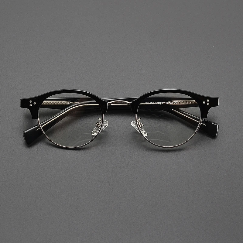 Niche literary half frame retro oval glasses frame men's and women's fashion black commuter handmade prescription myopia glasses