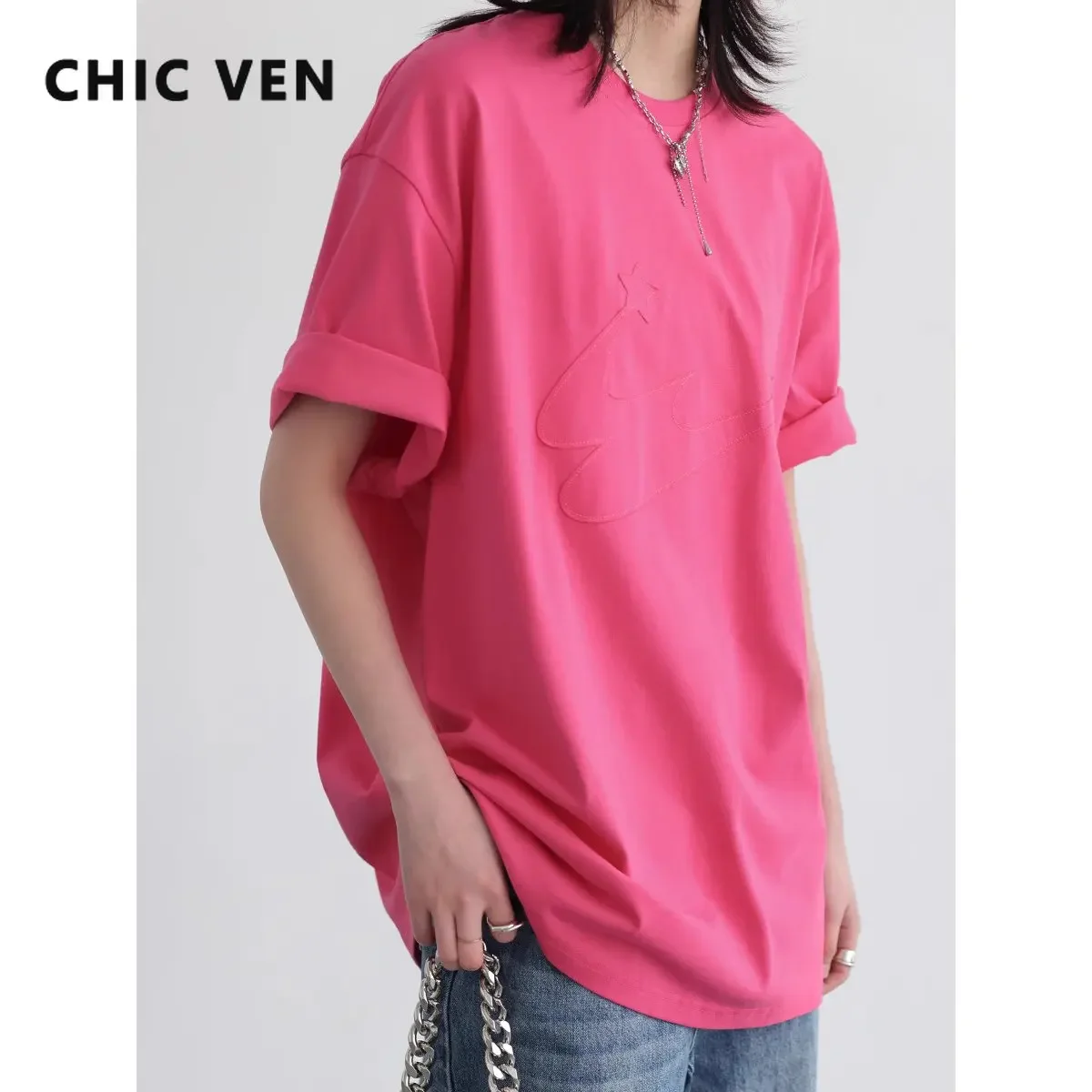 CHIC VEN Women's T-shirt Short Sleeve New Streetwear Loose Tees Patch Embroidered Ladies Top O-Collar Casual 2023 Summer