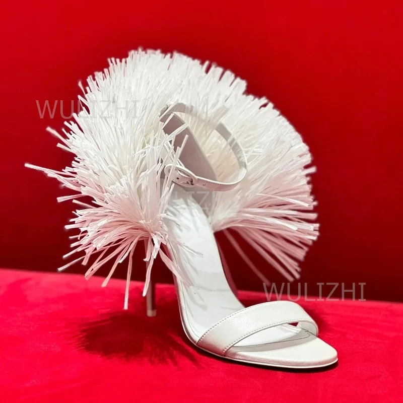 White Tassel Feather Long Straps Heels Girls Cute Open Buckle Sandal Summer Black Tassel-Tie Ankle Strap Slingback Red Sexy Shoe