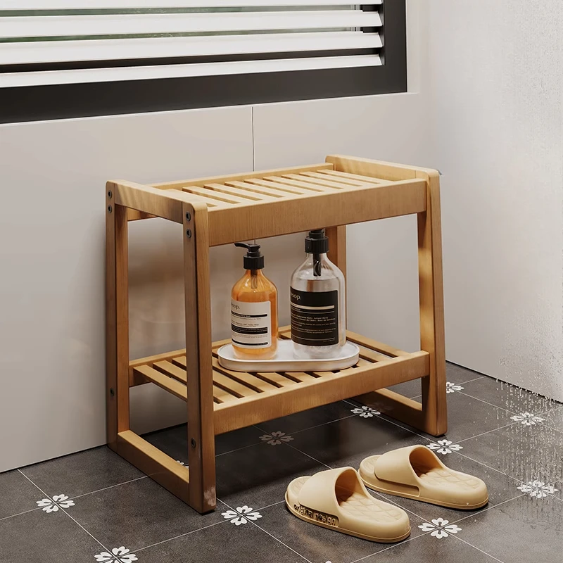 Bamboo Shoe Changing Stool Double Layered Bathroom Slipper Rack Elderly Anti Slip Bath Stool Hollow Out Drain Home Furniture