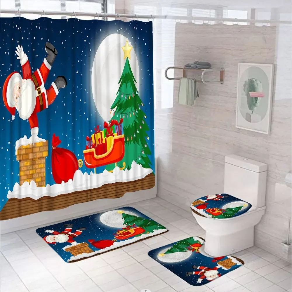 Winter Cedar Reindeer Christmas Shower Curtain Sets Non-Slip Rugs Toilet Lid Cover Xmas Deer Festive Bathroom Curtains 12 Hooks