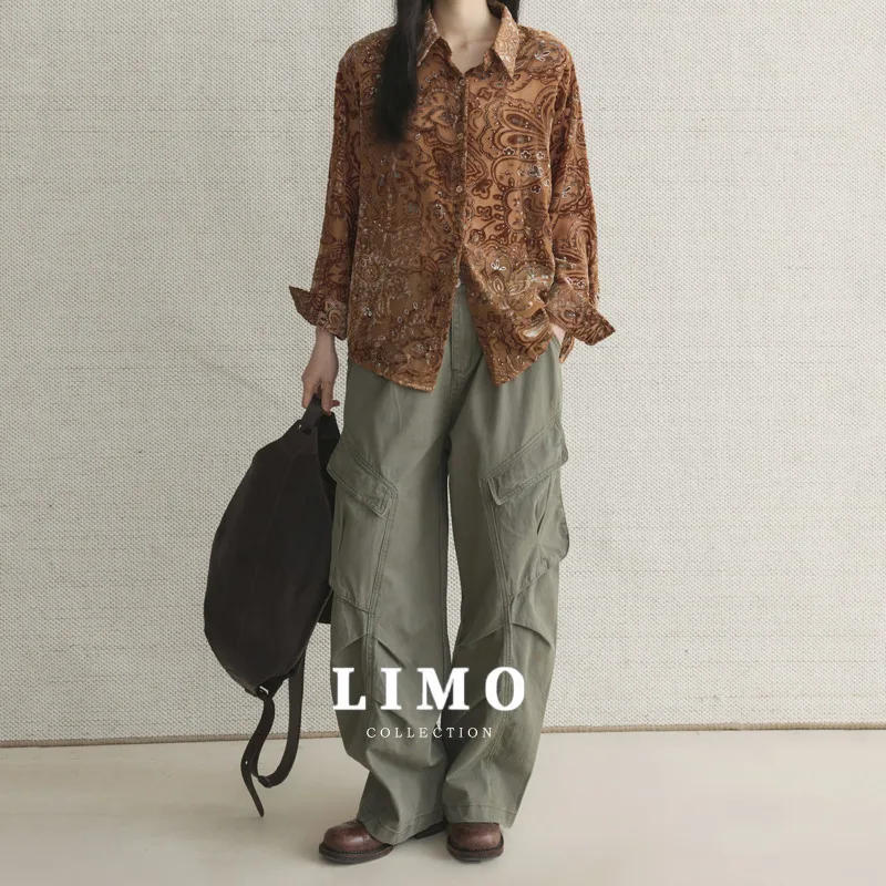 

LIMO 2025 New Spring Summer Fashion Flocking Print Shirt Jacket Women's Casual Loose Blouse Top Polyester Chiffon Outerwear