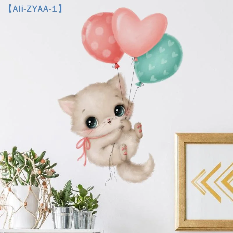 【ZYAA-1】1 Stück handbemalte Wandaufkleber mit Ballons und Katzen für Kinderzimmer, Kinderzimmer-Dekoration, Wandaufkleber, Schlafzimmer, Heimdekoration