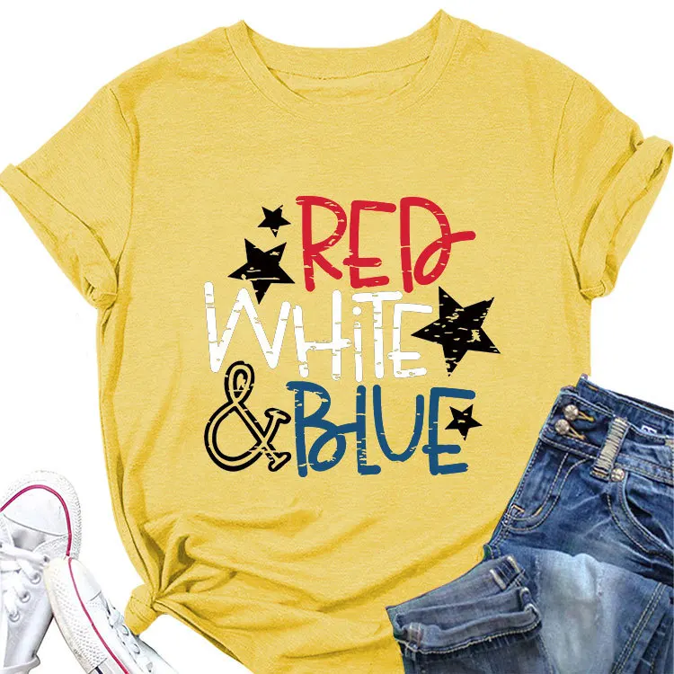 

Summer crew-neck T-shirt red white blue print loose short-sleeved casual top