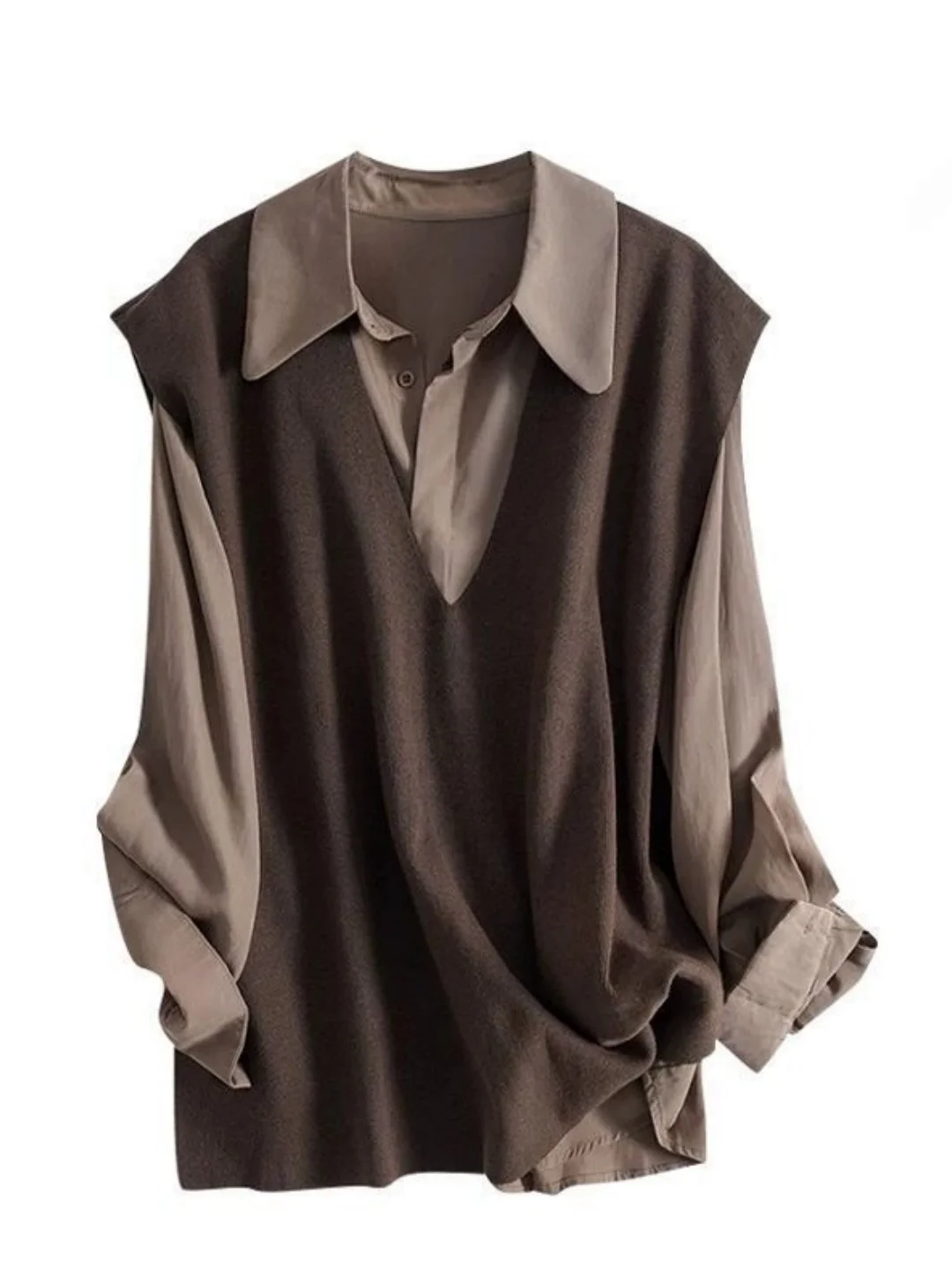 

Женский комплект из двух предметов: вязаный жилет с воротником и свободная блузка с длинным рукавом, модный, больших размеров, 300 Pou