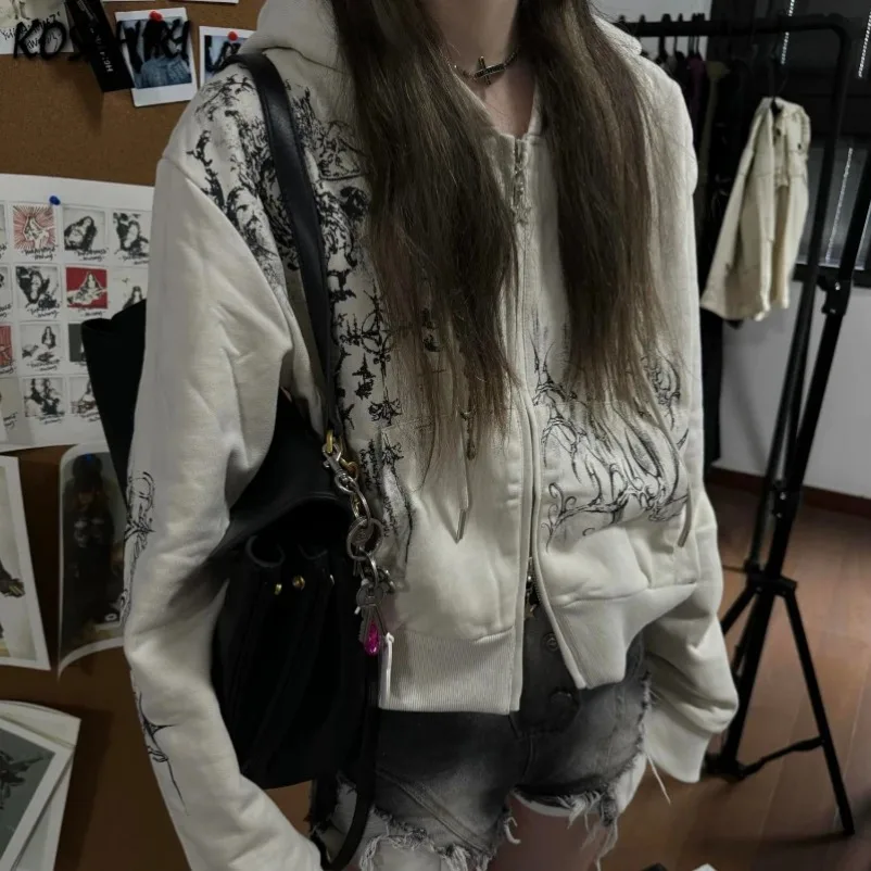 Y2k 美的丈パーカー女性カジュアル印刷ダブルジッパー原宿パンクトレーナーゴシック妖精秋グランジジャケット