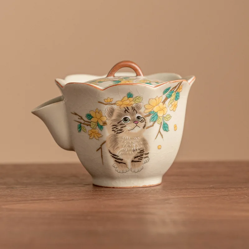 

Ручной рисунок Желтый Wer Cute Cat Ru Kiln Чайник Один горшок Китайский высококачественный набор кунг-фу Чайное приготовление для домашнего использования Ручной