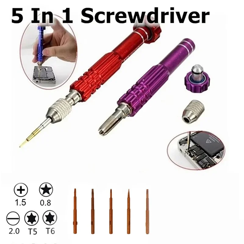 Juego de 5 en 1 destornillador multifunción para teléfonos, relojes, gafas, PC y laptops, herramienta de desmontaje y reparación