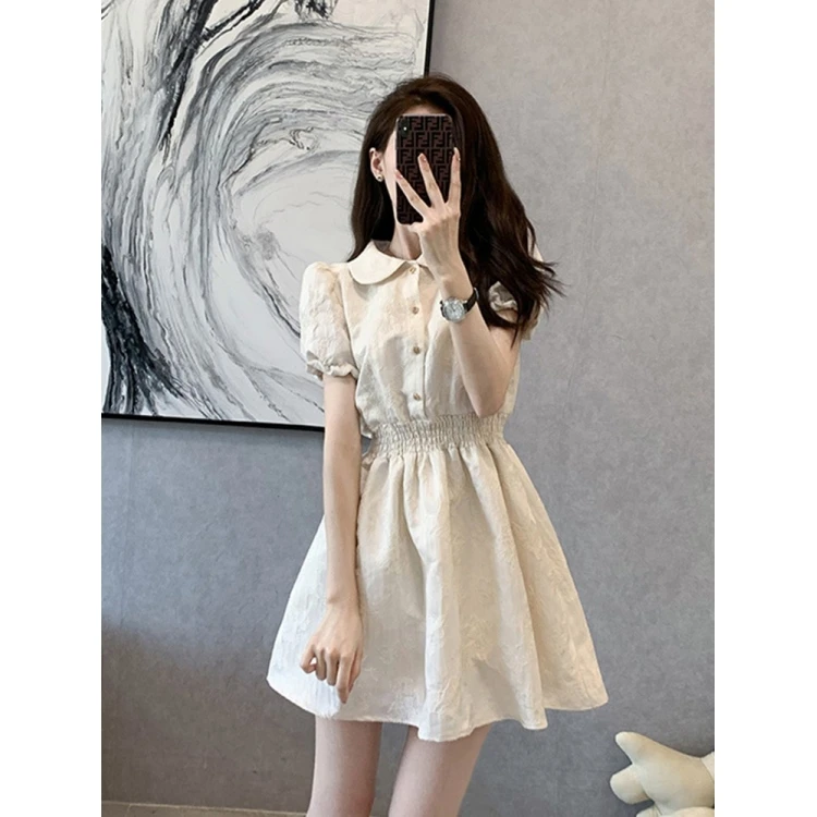 Cute Fairy Waist Skirt Women's New Summer Tea Break Sweet Girl Feeling Dress Fragrant Style Casual A-Line Short Sleeve Dress