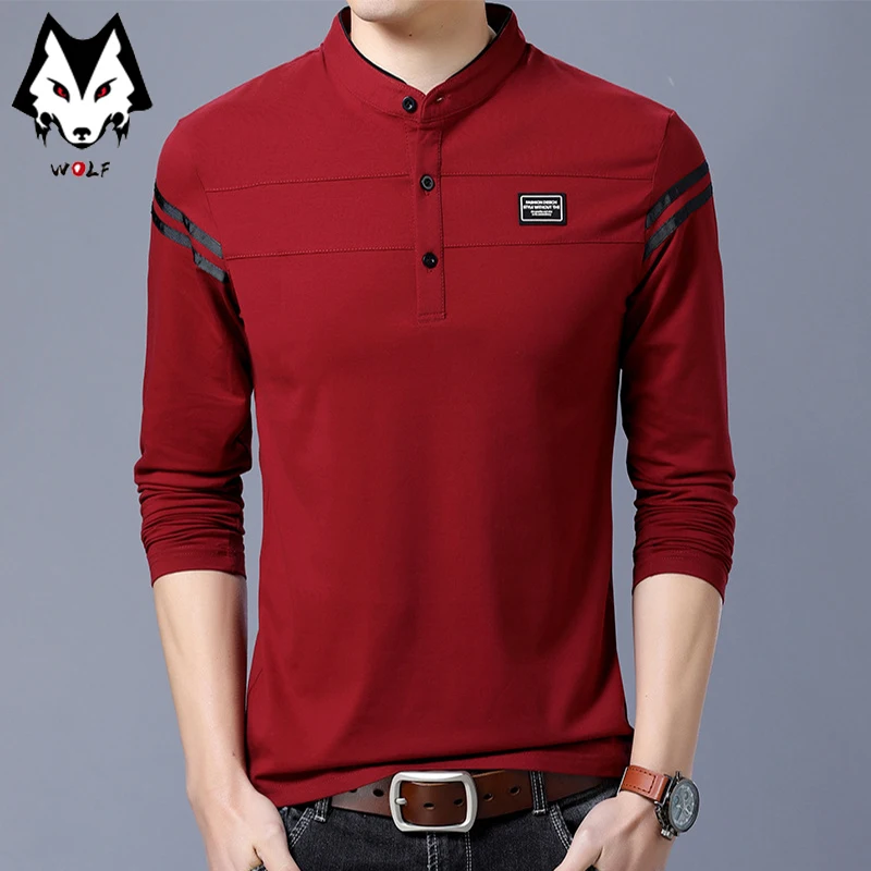 Men\'s Fashion Summer Long Sleeved POLO T-shirt Casual Cotton Breathable Top Stand Up Neck Long Sleeve Korean Comfortable Shirt