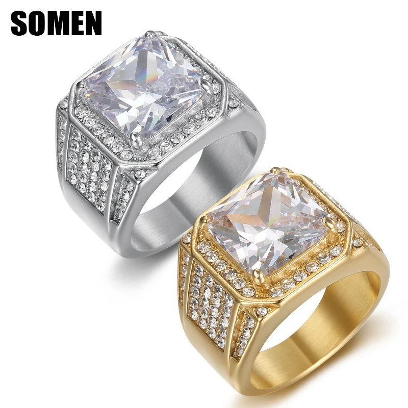 Somen 316L Stainless Steel Bling Square AAA zircon Ring For Men Gold/Silver Color Hip Hop Men\'s Ring Punk Fashion Jewelry Gift