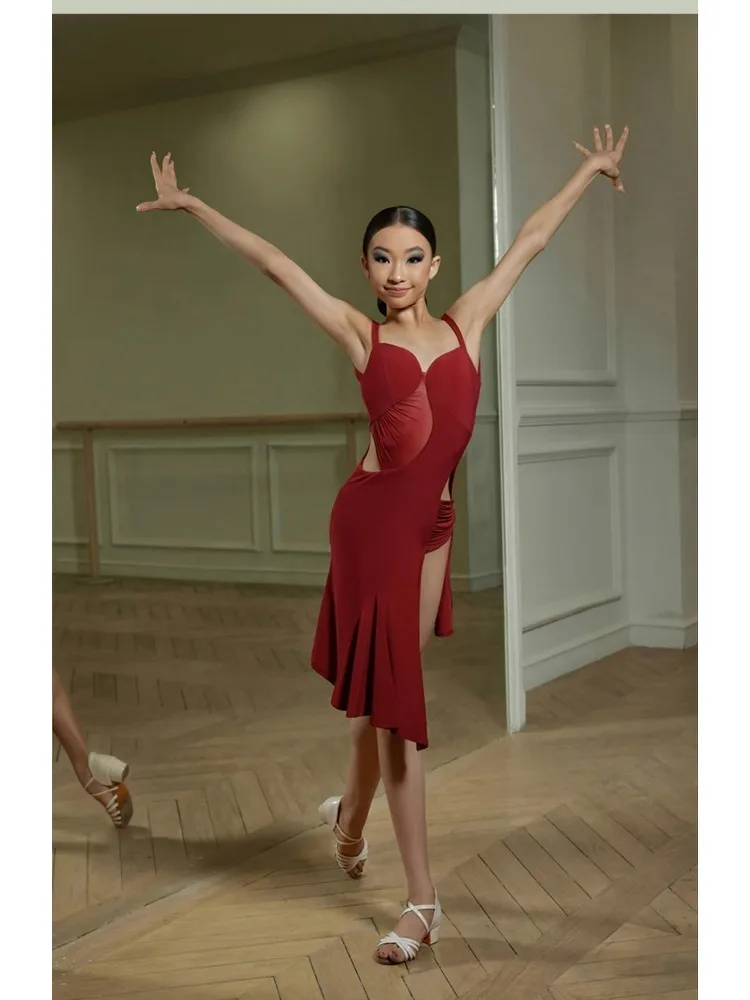 2024 Children's Latin Dance Dress Girls' Dress with Hollow Waist Including Underwear 2366 Performance Costume Breast cotton bra