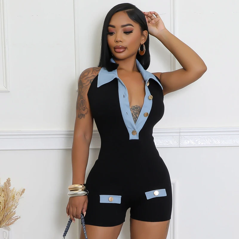 Female short jumpsuit summer 2025 new Halter neck bodysuit sexy open back playsuit fashion Denim Polo collar sleeveless overalls