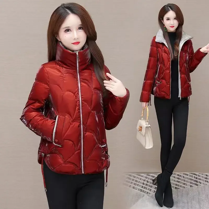 Glanzende stof donskatoenen jassen dames winter nieuwe mode casual verdikte korte losse lange mouwen jas dameskleding