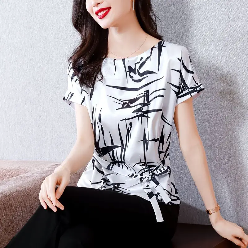 2024 New Summer Korean Fashion Elegant Versatile Chiffon Pullover Round Neck Printed Tied Bow Women\'s Short Sleeved Shirt Top
