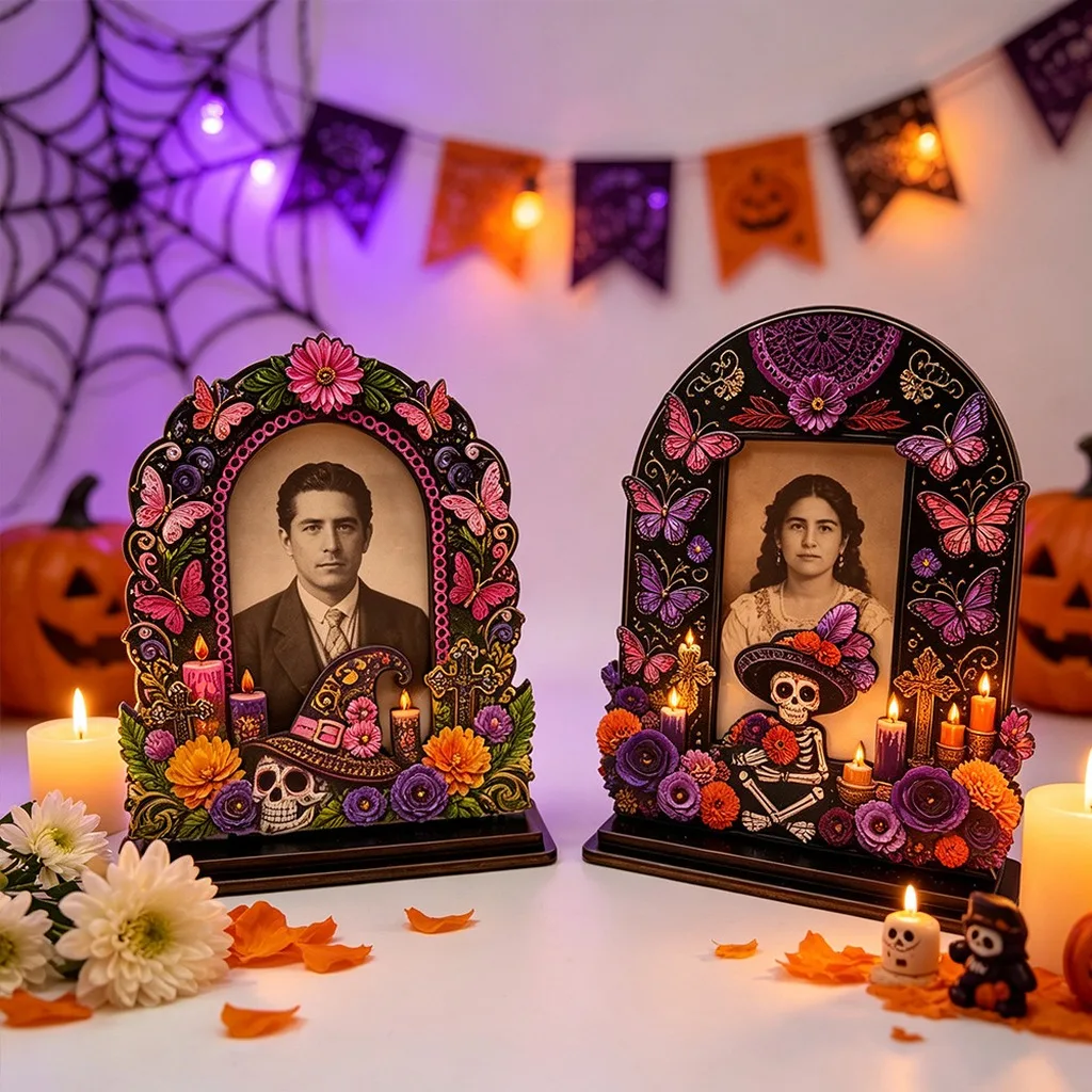 Cadre photo en bois pour le Jour des Morts, décoration de table en forme de crâne de sucre, décorations de fête Dia de los Muertos, cadre photo commémoratif