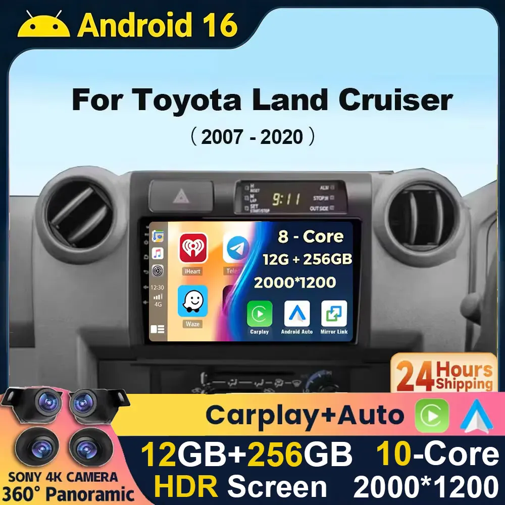 Android 16 2K Wireless CarPlay Auto Car Radio For Toyota Pickup Land Cruiser LC 70 79 Series 2007-2020 4G WIFI BT GPS Multimedia