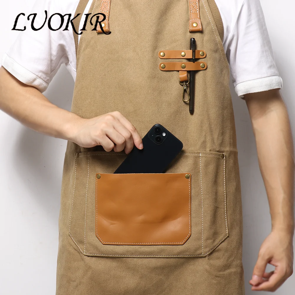 

LUOKIR New Style Work Apron with Genuine Leather Decoration, Durable and Versatile Kitchen Home Apron