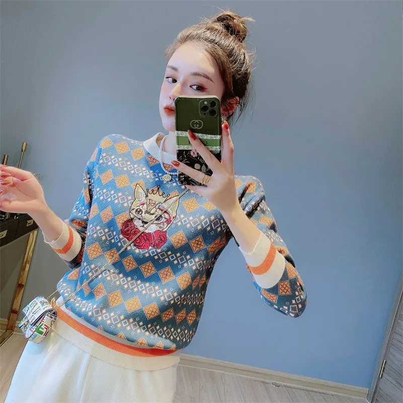 Argyle Kitty Embroidered Sweater Jumpers Women Vintage Stylish Fashion Loose Pullover Tops Long Sleeve O-neck Chic Knitwear 2023