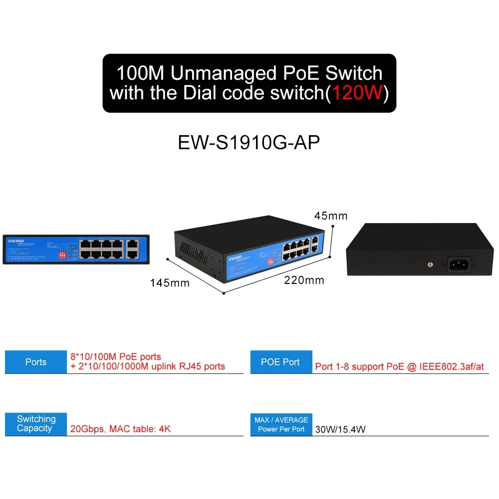 Ewinner-poeスイッチ4/8ポート、10/100/1000mbpsイーサネットサポート、aiウォッチポート、IPカメラ/ワイヤレスAPのセルフヒーリング