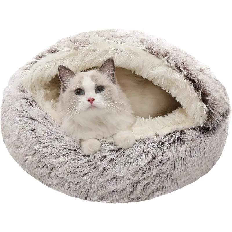 Calming Dog Beds & Cat Cave Bed with Hooded Cover,Removable Washable Round Beds for Small Medium Pets,Anti-Slip Faux