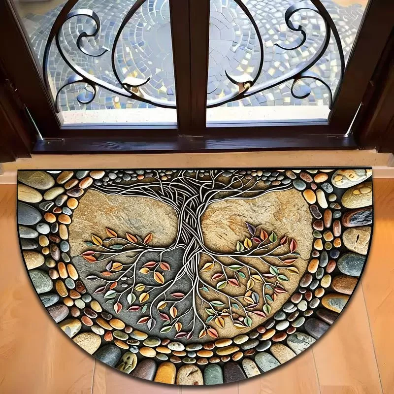 VIKAMA Stone Tree Of Life Half Round Door Mat Anti Slip Soft Washable Carpet Bedroom Entrance Floor Mat Home Decoration