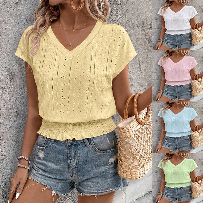 

Y2K spring and summer new fashion loose shirt solid V-neck jacquard hollow short-sleeved T-shirt fashion casual top
