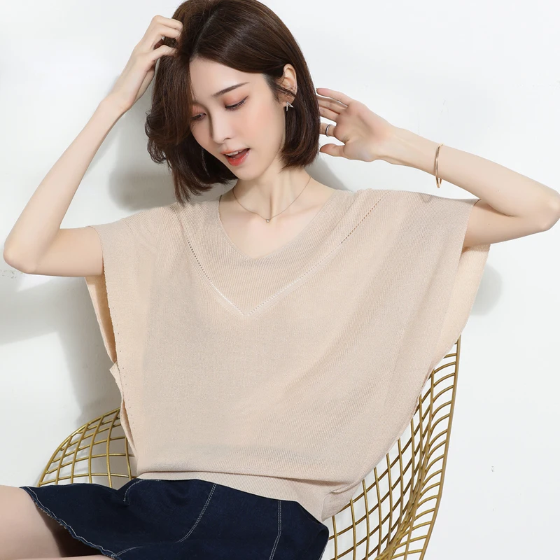 Women's Loose Blouse 2022 Summer V-Neck Knitwear Ladies Elegant Batwing Sleeve Knit Tops Female Pullover Sweater T Shirts