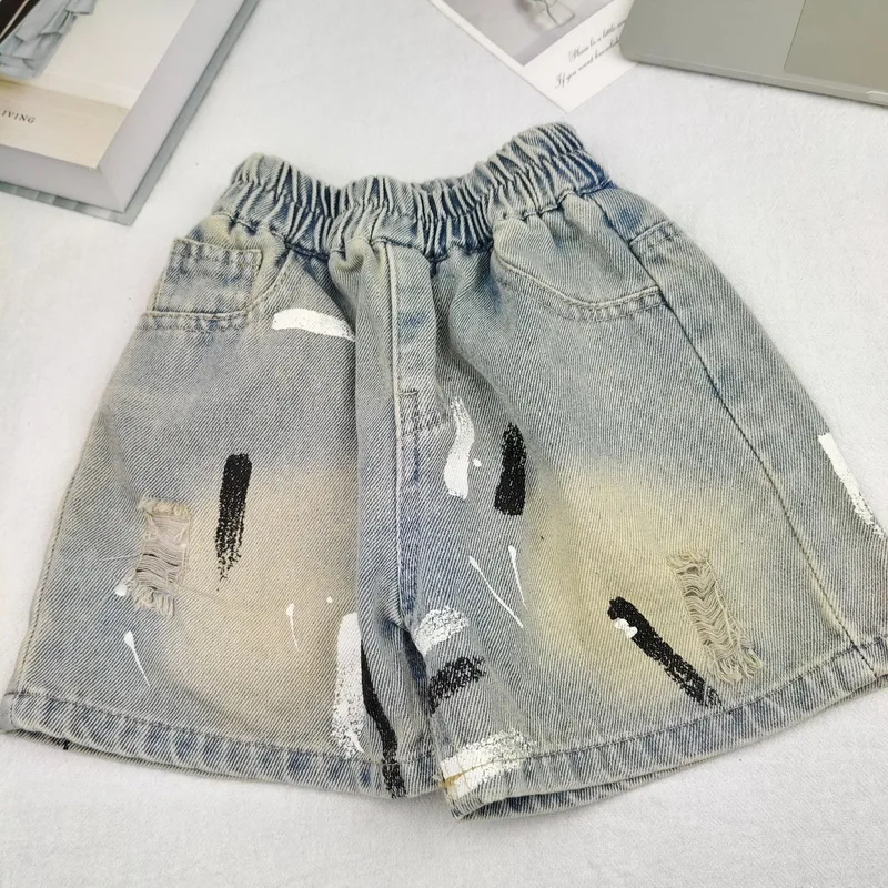 Summer Kids Denim Shorts for 90-150cm Boys Shorts Girls Graffiti Elastic Waist Ripped Casual Shorts Teenage Children Pants