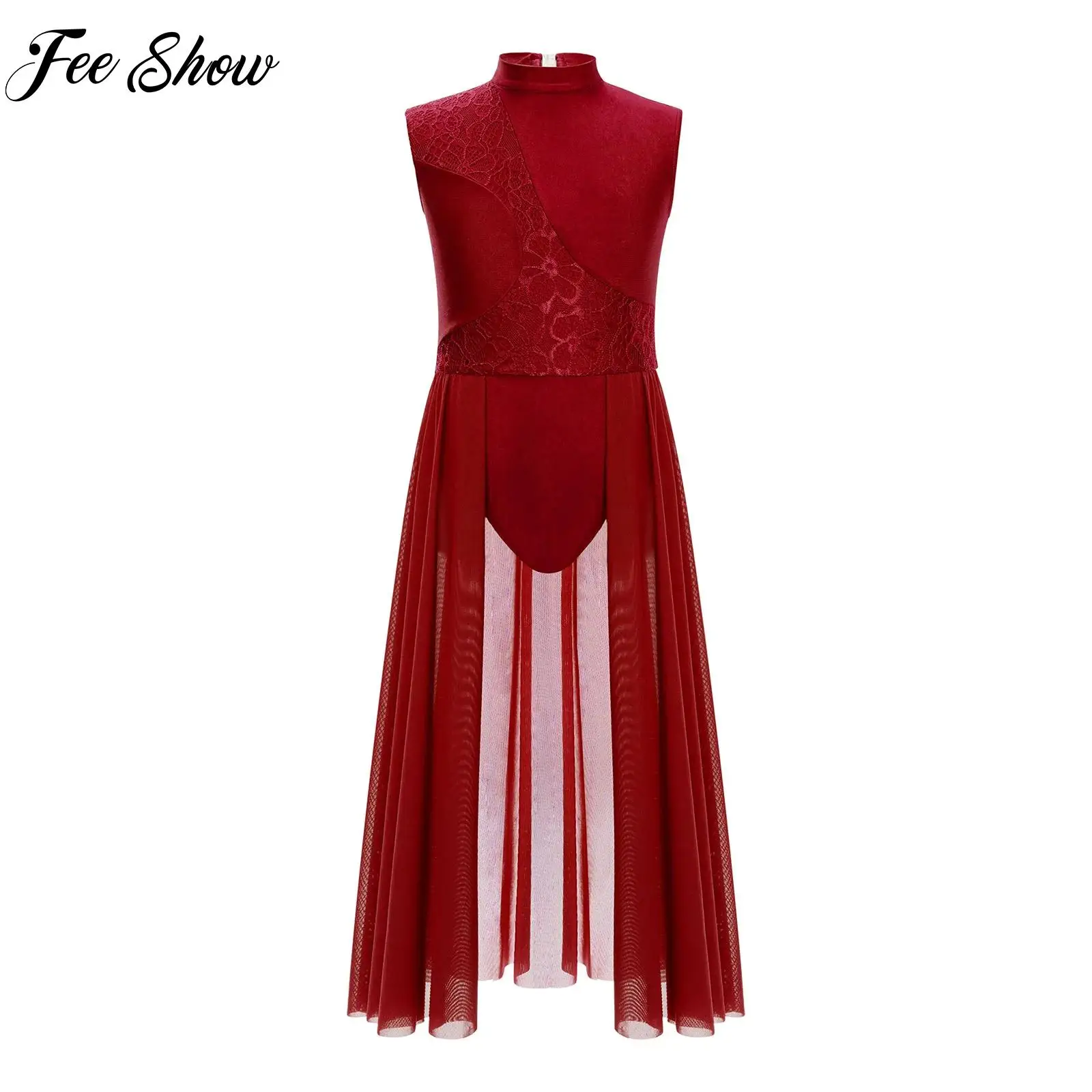 

Teen Girls Lyrical Modern Dance Dress Gymnastics Ballet Jersey Figure Ice Skating Dancewear Sleeveless Floral Lace Leotard Dress