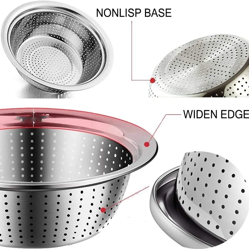 A33R-Mixing Bowl Set And Colander Salad Bowl Stainless Steel Anti-Kitchen Stacking Bowl Set Non-Stick Food Preparation Bowl