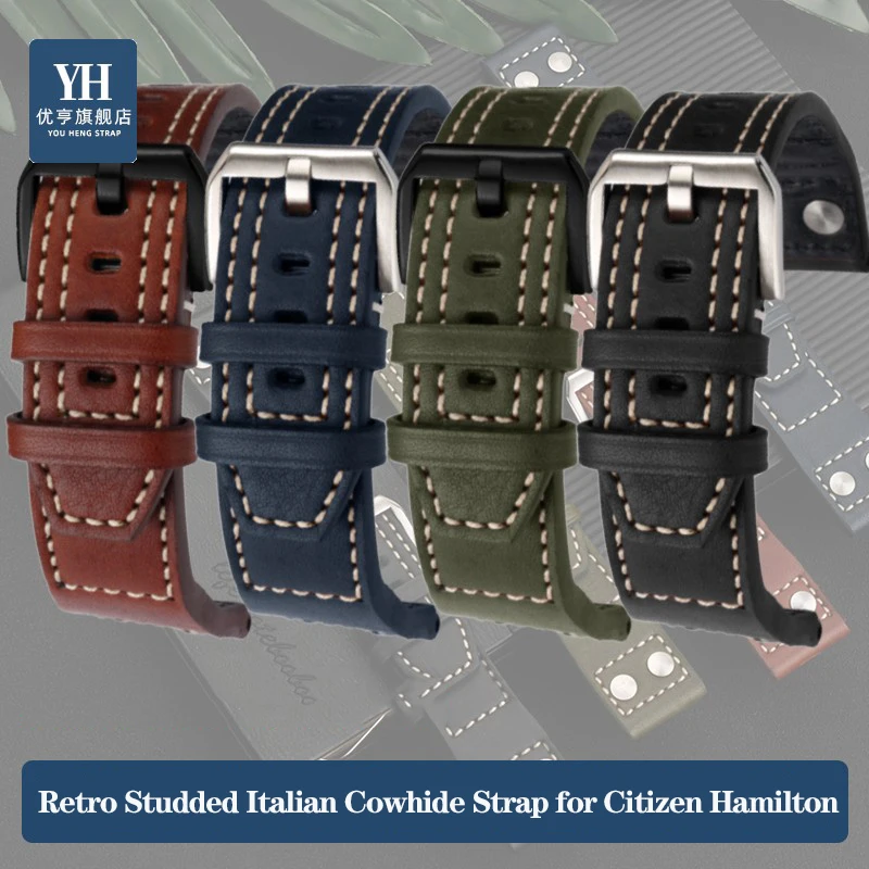 22mm High Quality Retro with Willow Nails Italian Cowhide Watch Strap for Citizen Hamilton Seiko IWC Vintage Bracelet Watchband