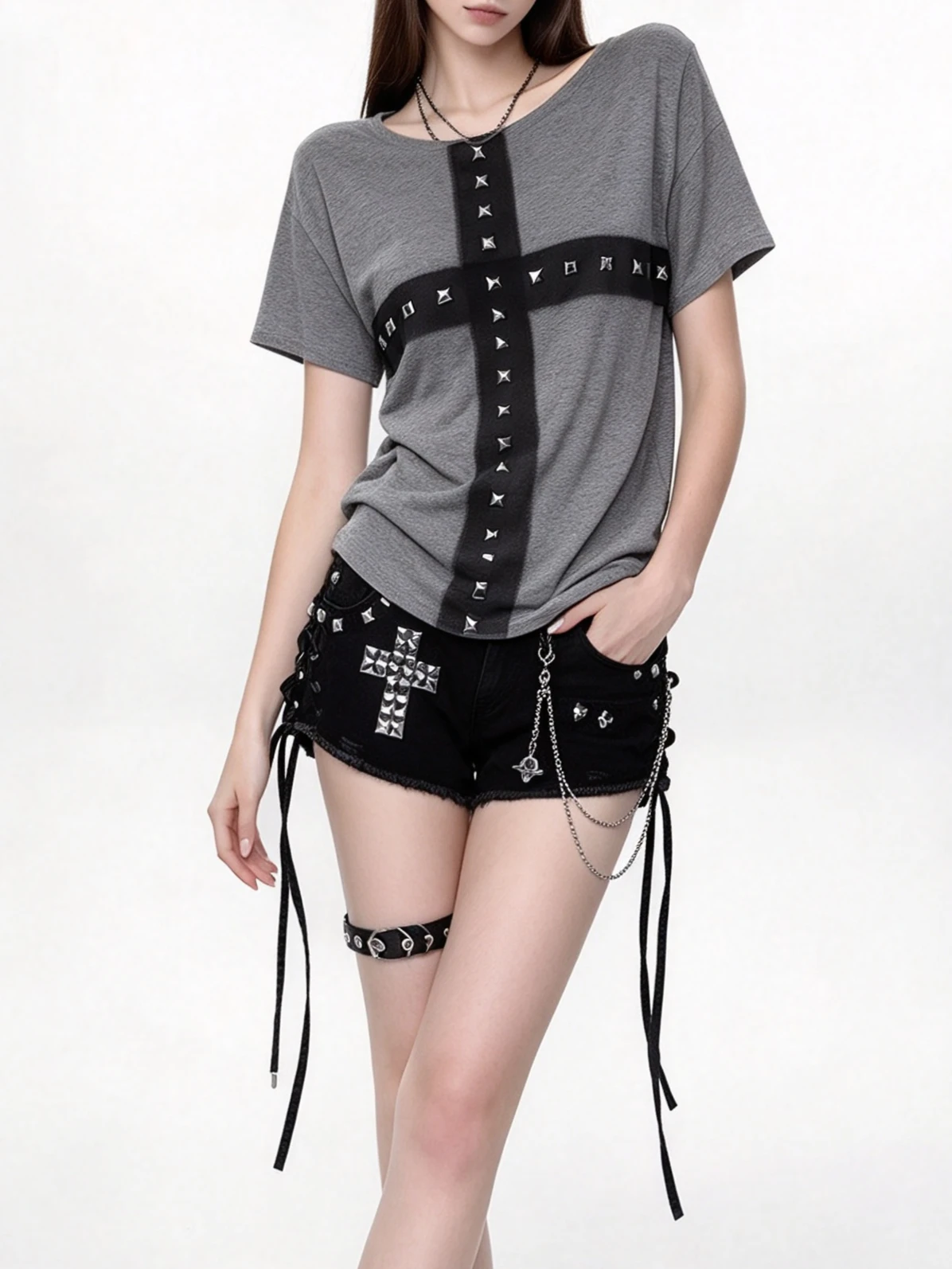 Studded Cross Short Sleeve T Shirt Gothic Punk Grunge Streetwear Gray Rivet Patch Tee Alt Aesthetic Casual Summer Tops