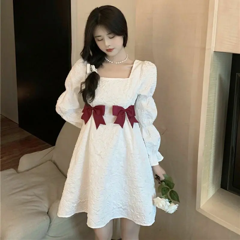 

Puff Sleeves Dresses Women Mini Classy White All-Match Elegant Female Bow A-Line Solid Preppy Style Square Collar Summer