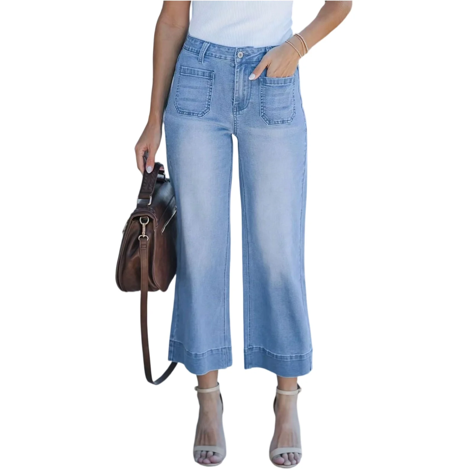 

Fashion Front Pockets Splice Decoration Jeans Women Loose Wide Leg Denim Pants Female Washed Straight Nine-quarter Trousers
