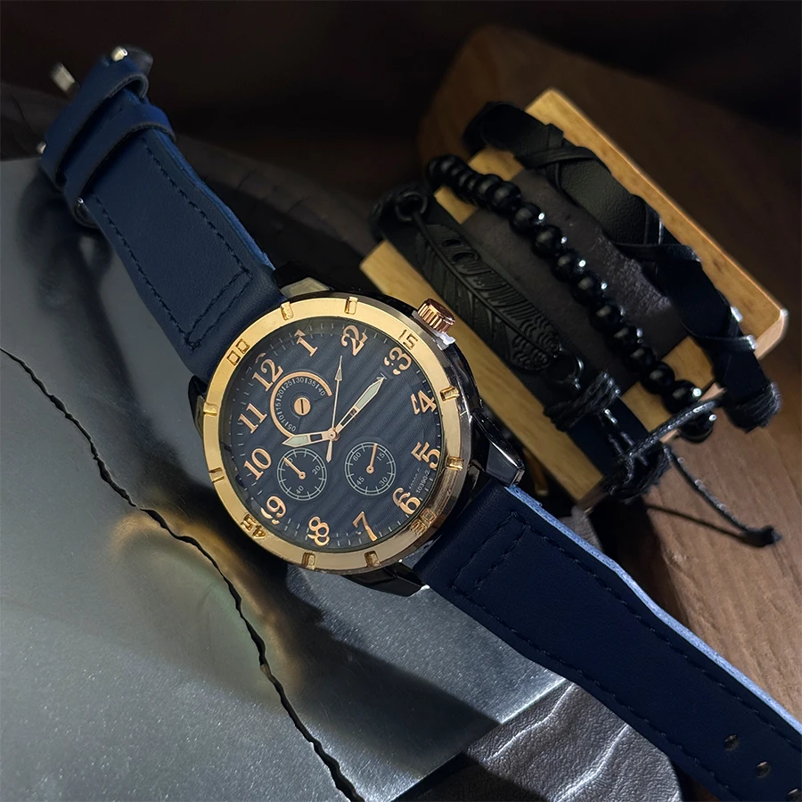 Bracciale da uomo 4 pezzi con perline e tessitura di piume, orologio al quarzo con ali naturali in stile industriale retrò per tutte le quattro stagioni