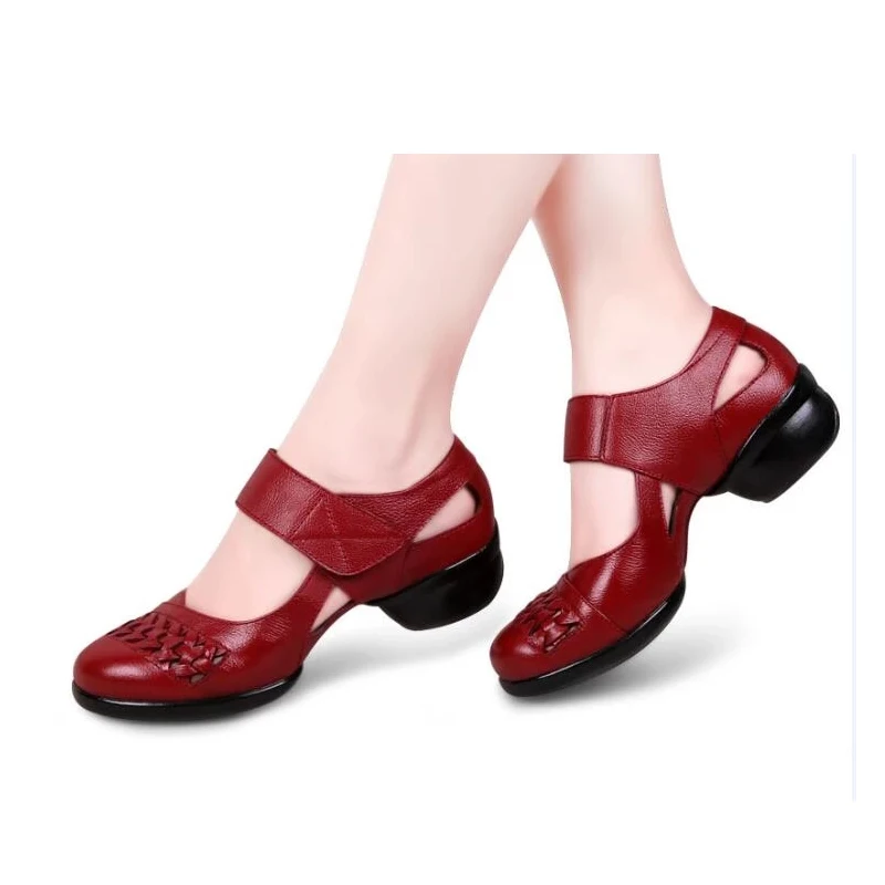 Breathable Dance Shoes Soft Bottom Leather Square Shoe Female Sailor Women Shoes Mid Heel Adult Sneakers Hook & Loop