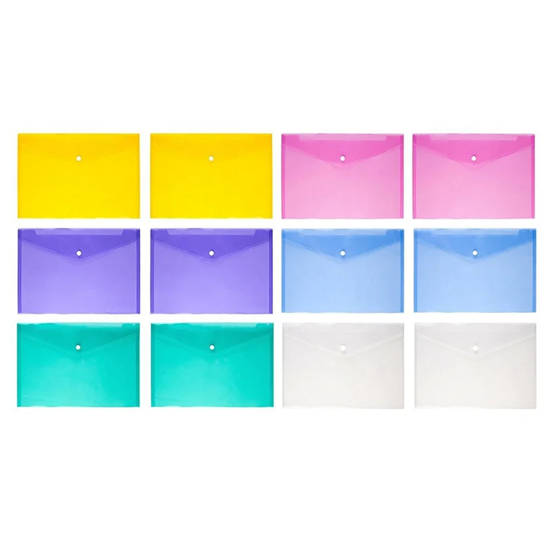 

12Piece Multi File Envelope PVC Snap Button File Bag 6 Colors Plastic With Business Card Holder File Bag