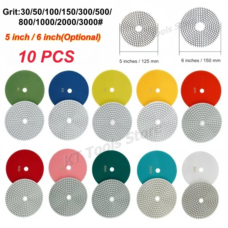 10PCS 5 Inch 6 Inch Wet Diamond Polishing Pads 30-3000 Grit Flexible Grinding Discs For Concrete Granite Marble Grinding Tools