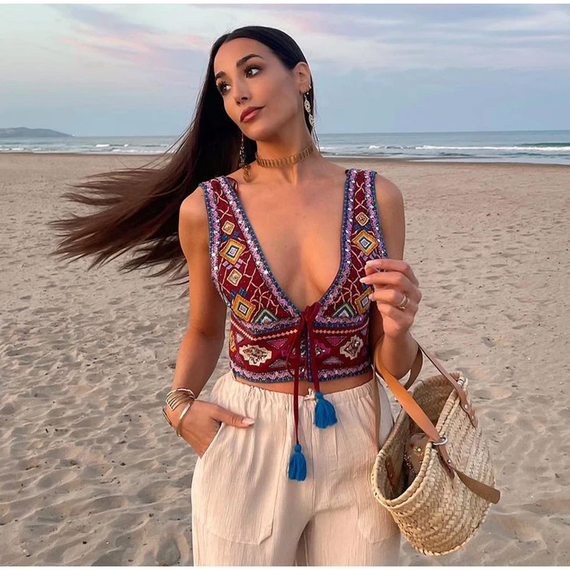 

Короткое жилетное пальто без рукавов с открытой спиной, топы, винтажный жилет на шнуровке с кисточками и вышивкой для женщин, модные женские наряды Highstreet, сексуальные