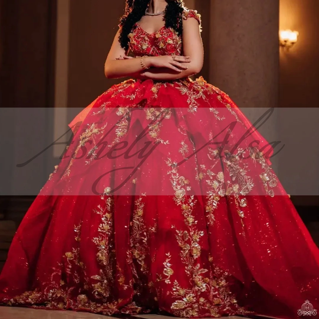 Customized Red Princess Girl 15 Year Quinceanera Ballgown Dresses V Neck 3D Floral Lace Up Women Prom Birthday Party Dress 16