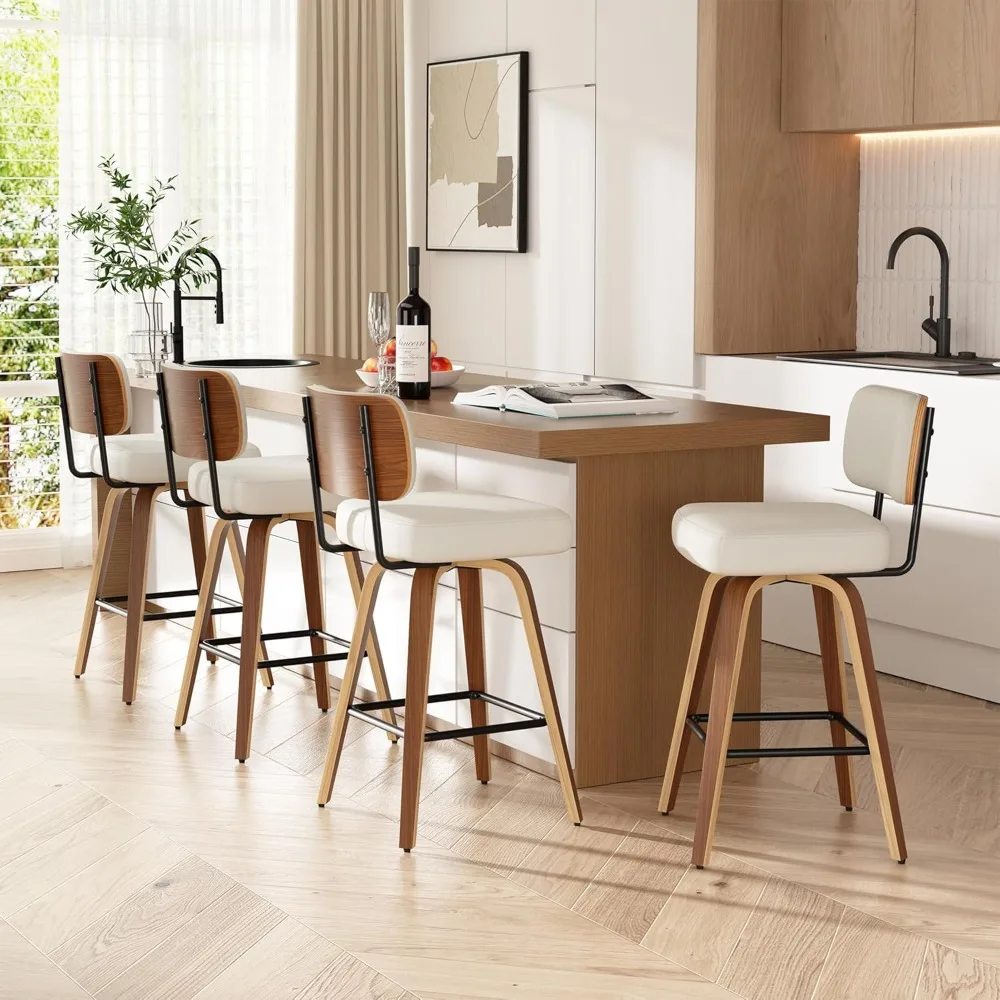 Juego de 4 taburetes de bar giratorios, taburetes de bar tapizados de piel sintética de 26" con respaldo de nogal y patas de madera curvada