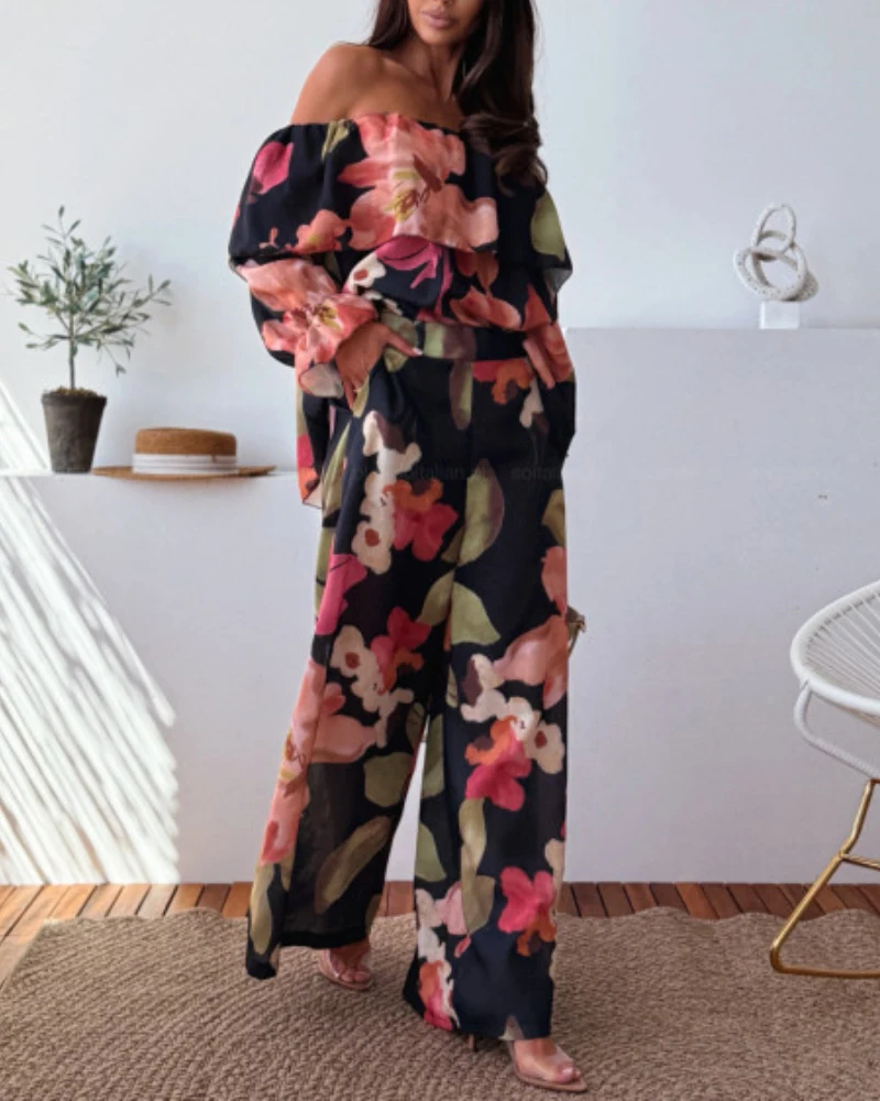 

2025 2 Pieces Outfit Floral Print Off Shoulder Bell Sleeve Ruffles Top and Casual Elastic Waist Wide Leg Pants Set with Pockets