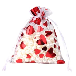 25pcs/Lot Red Love Heart Organza Bags 9x12cm 10x15cm 13x18cm Wedding Christmas Party Candy Storage Gift Pouches Jewelry Bag