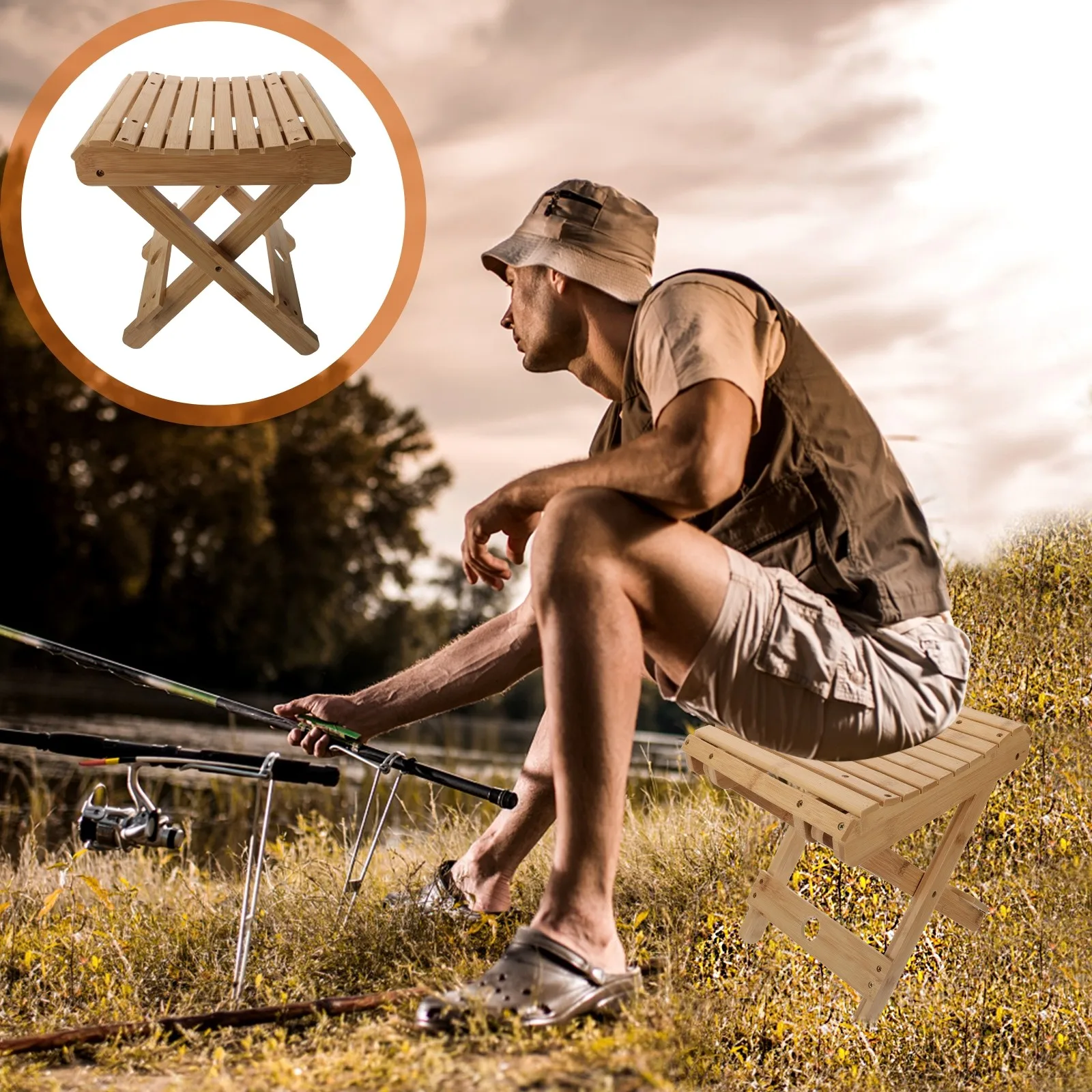 

Folding Bamboo Stool Portable Lightweight Outdoor Fishing Stool for Camping Hiking Beach Bbq Garden Travel Foldable Sturdy